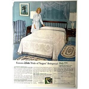 Vtg Niagara Laundry Print Ad 1960s Chenille Bedspread Blue Bedroom Linens